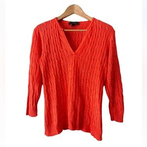 Ralph Lauren Black Label Silk Cable Knit V-Neck Sweater Women’s L Orange Preppy